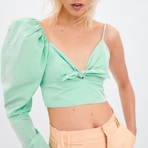 💚 Zara Puffed Sleeve Mint Green blouse asymmetrical